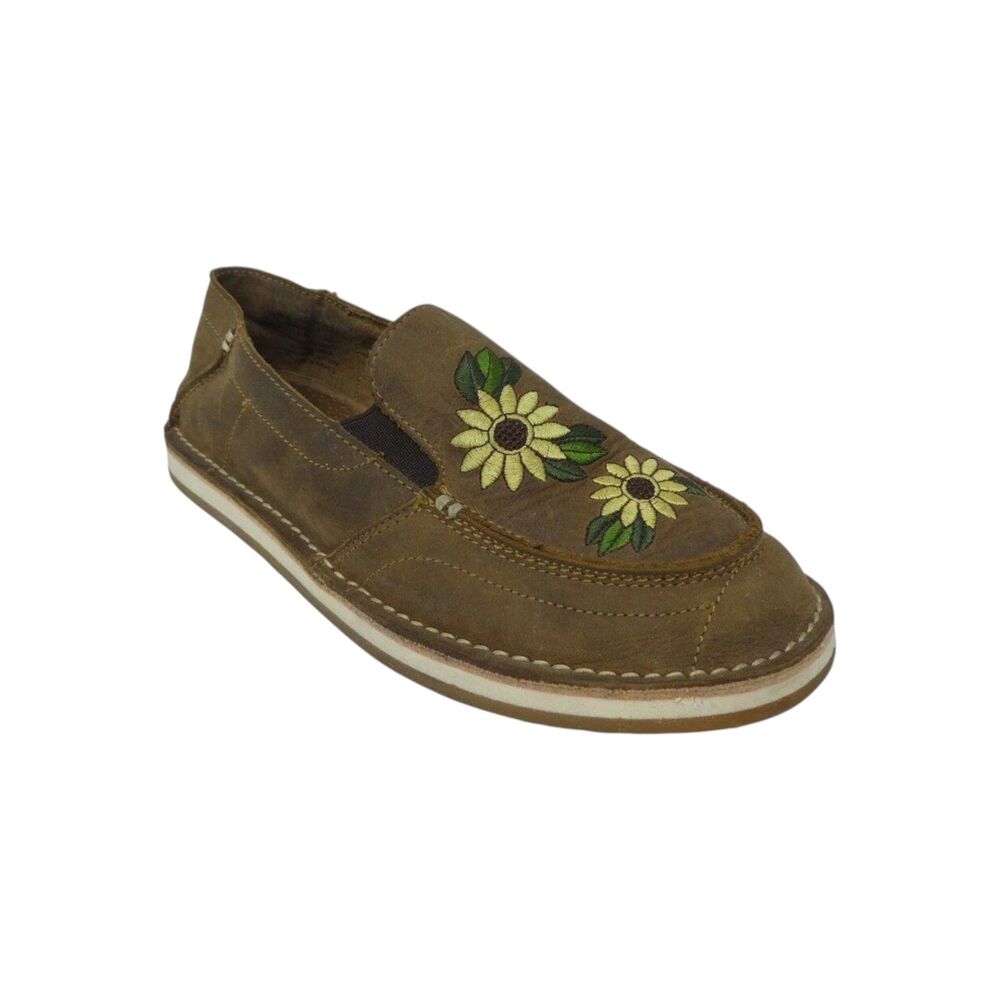 Rank-45 Brown Leather Embroidered Sunflower Slip On Flats Loafers Womens 8